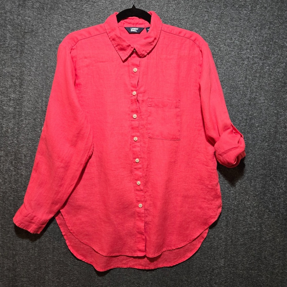 Lands End Linen Button Up Shirt Women's Small Pink Long Sleeve Breathable Beach